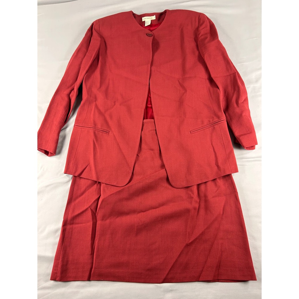 Ann Taylor Red 100% Wool Skirt Suit Set Vintage Made in USA Size 14 Blazer Skirt - Picture 3 of 14